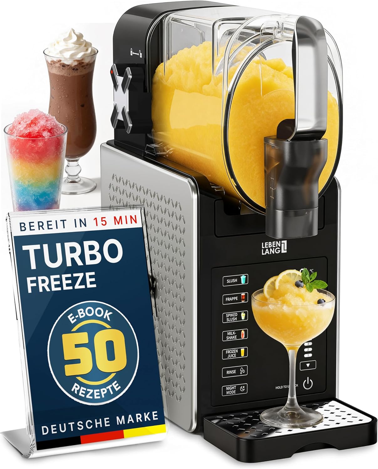 LEBENLANG LBP3312 Slush Maschine 2L, 5-in-1, QuickFreeze, LED-Touchscreen, Auto-Clean, Schwarz